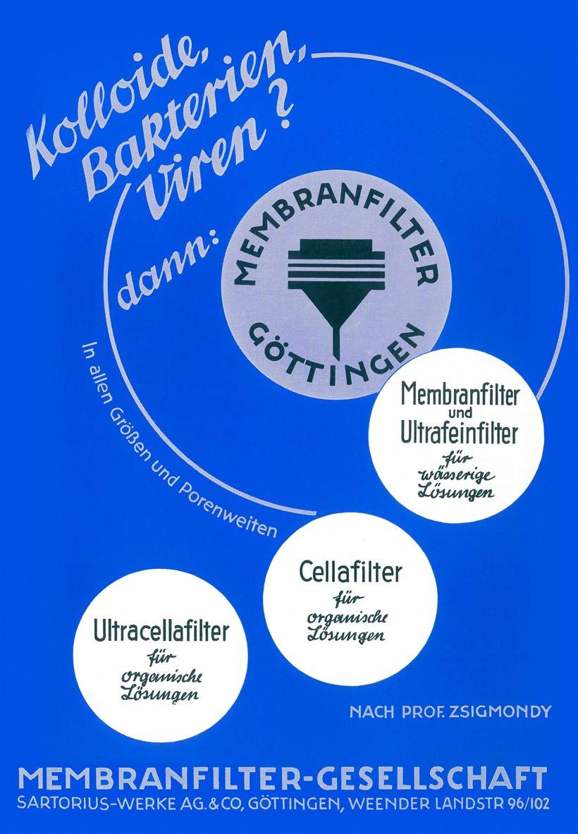 In 1950, the Membranfiltergesellschaft published an advertisement for membrane filters. The company logo was a porcelain filtration apparatus in which membrane filters were placed.