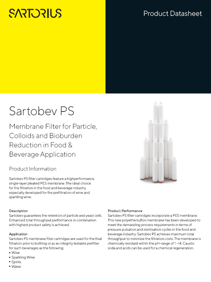 Sartobev PS: Membrane Filter for Particle, Colloids and Bioburden Reduction in Food & Beverage Application - Sartorius Croatia